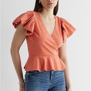V-Neck Flutter Sleeve Wrap Peplum Top Coral